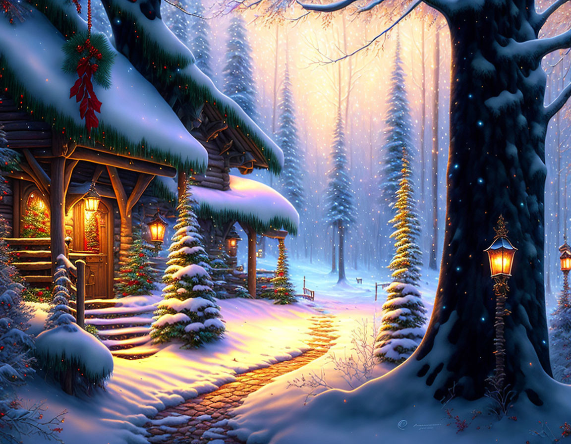 Snowy cabin with festive decorations and snowy path in twilight