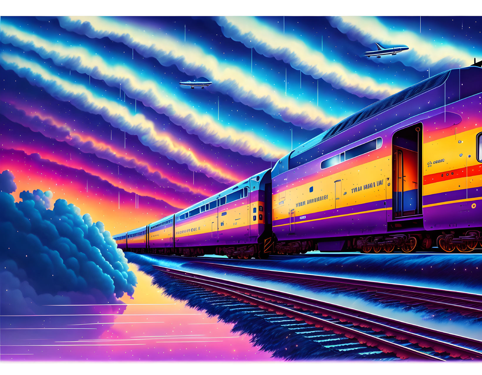 Colorful retro-futuristic train speeding under striped sky with flying vehicles