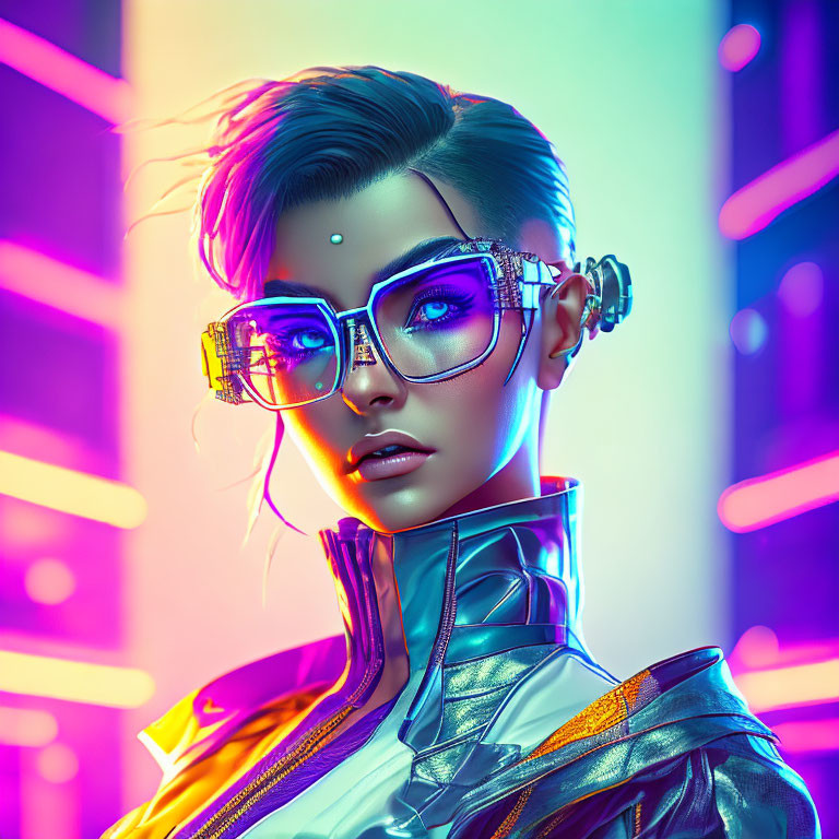 Futuristic female figure in stylish glasses under neon lights