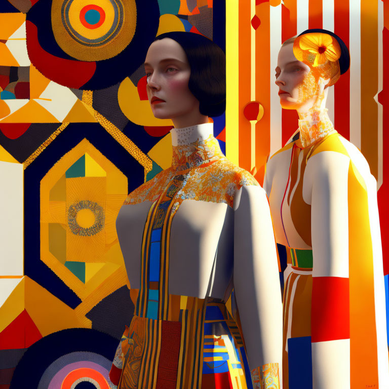 Abstract Art: Stylized Female Figures in Geometric Outfits