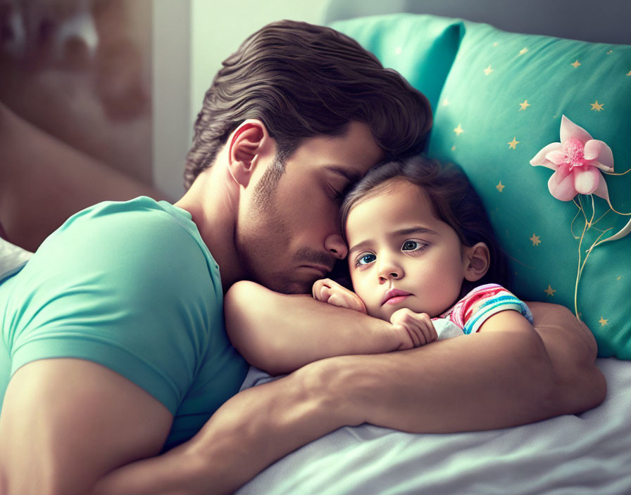 Man and child peacefully napping with heads touching.