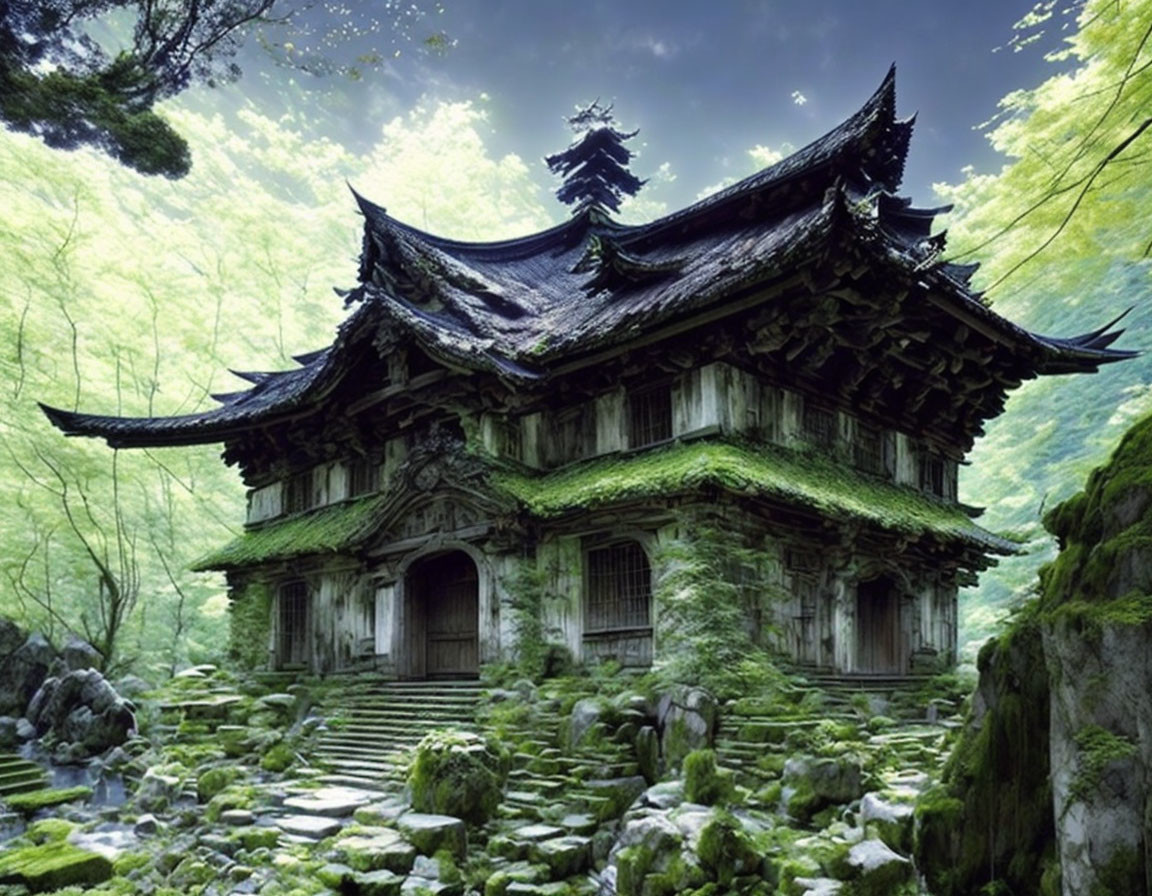 Moss-Covered Wooden Temple in Serene Forest