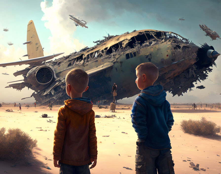 Children witness dystopian scene with wrecked plane and scattered debris in post-apocalyptic setting.