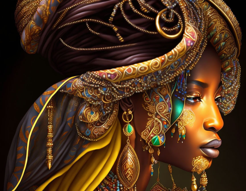 Detailed Illustration of Woman in Ornate Headwrap and Jewelry