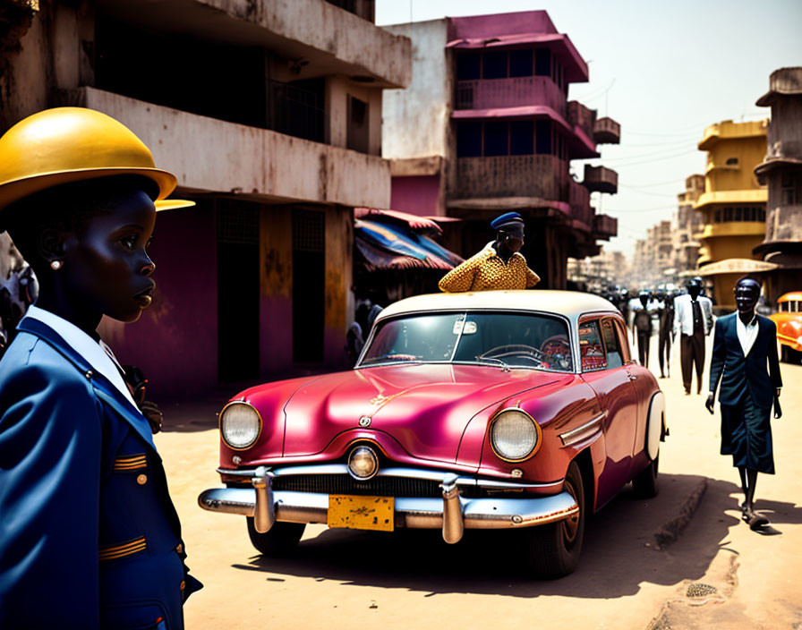 Person in Blue Uniform Beside Red Car in Street Scene