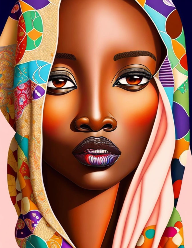 Colorful digital portrait of a woman with striking makeup and patterned fabrics