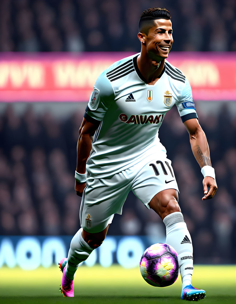 Number 10 football player dribbling pink and blue ball on pitch