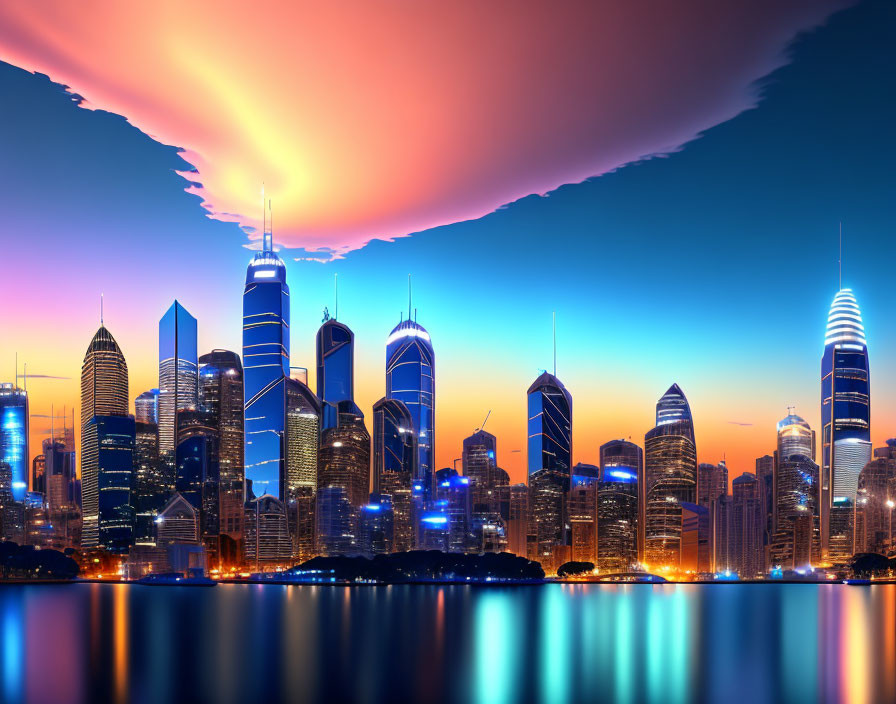 Modern city skyline at dusk with illuminated skyscrapers reflecting in water under vibrant orange and blue sky