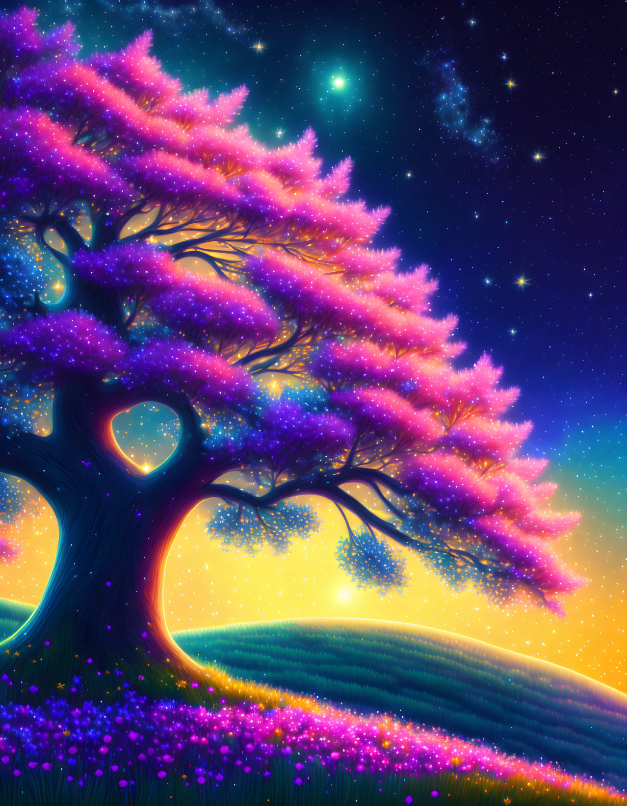 Colorful whimsical tree under starry night sky among purple flowers