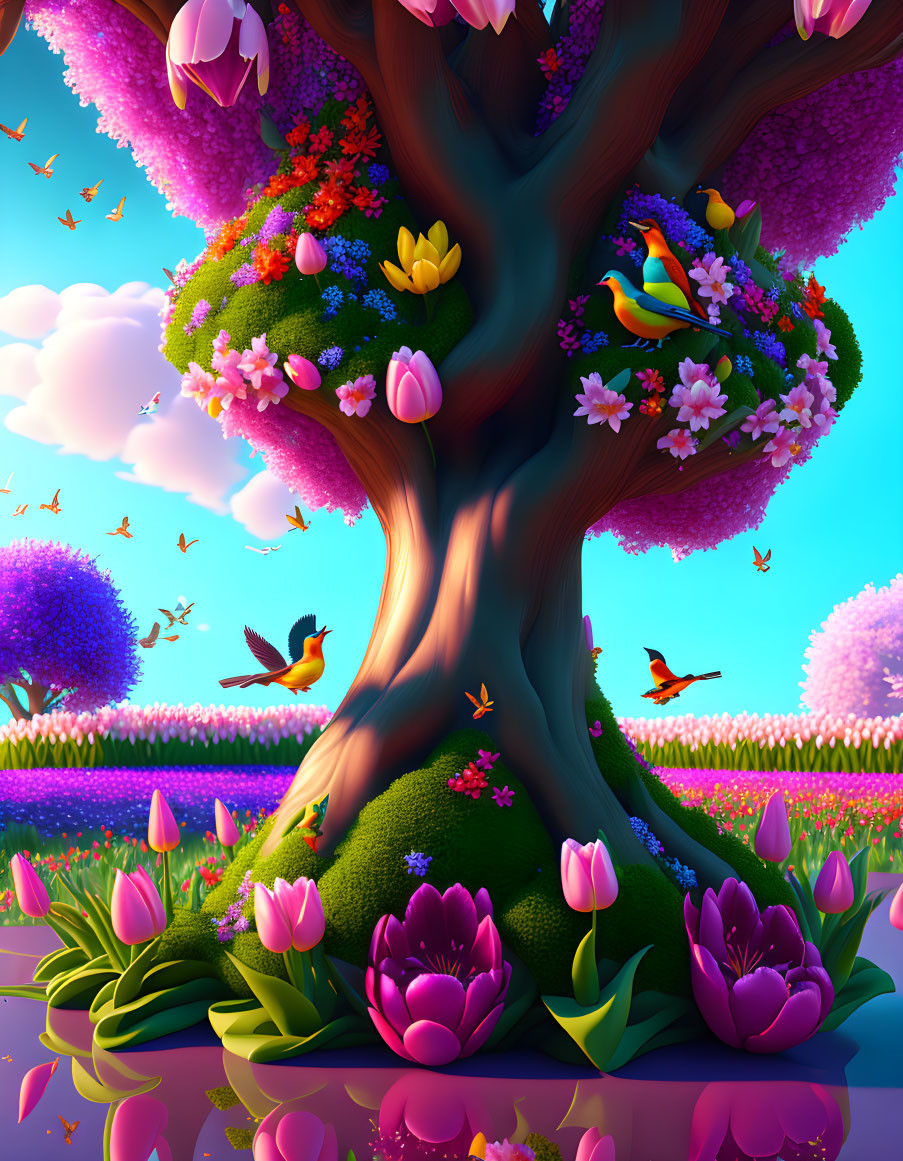 Colorful Whimsical Tree Illustration with Blossoms, Tulips, Birds, and Butterflies