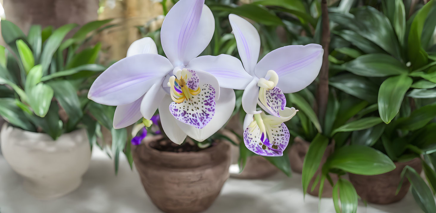 Purple and White Orchids in Clay Pot with Green Plants Background