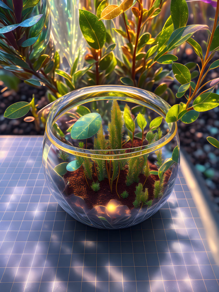 Transparent terrarium with green succulents on tiled surface, surrounded by leafy plants