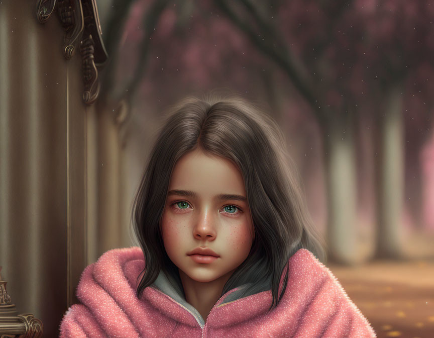 Young girl with green eyes in pink hoodie amid cherry blossoms