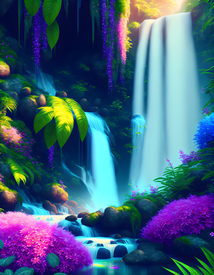 Colorful digital artwork: Tropical waterfall & flowers in mystical jungle