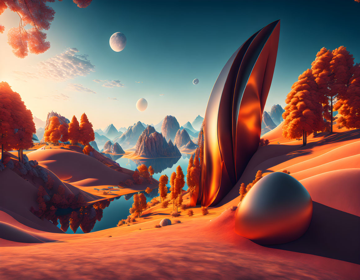 Vibrant orange foliage, undulating hills, reflective lake, futuristic structures, and multiple moons in