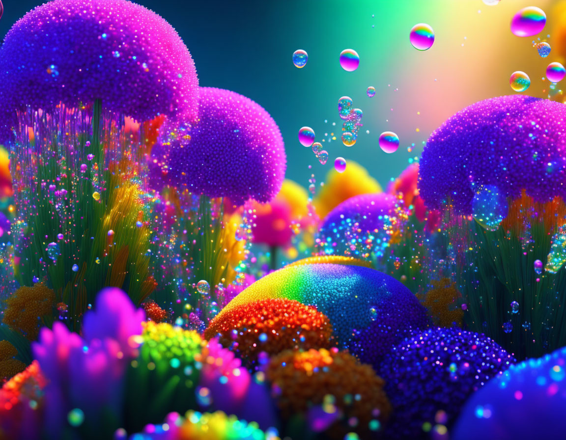 Colorful, whimsical digital artwork of bubble-like trees in a vibrant landscape