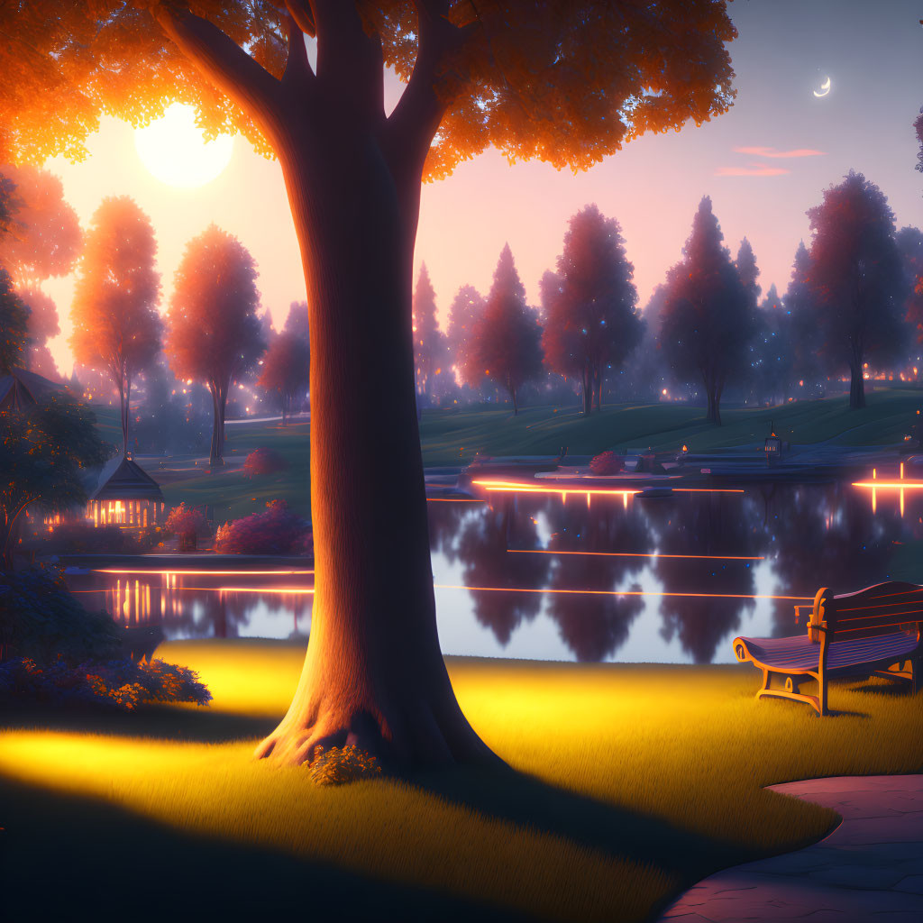 Tranquil park at sunset with tree, lake, bench, pathway, and houses under dusky