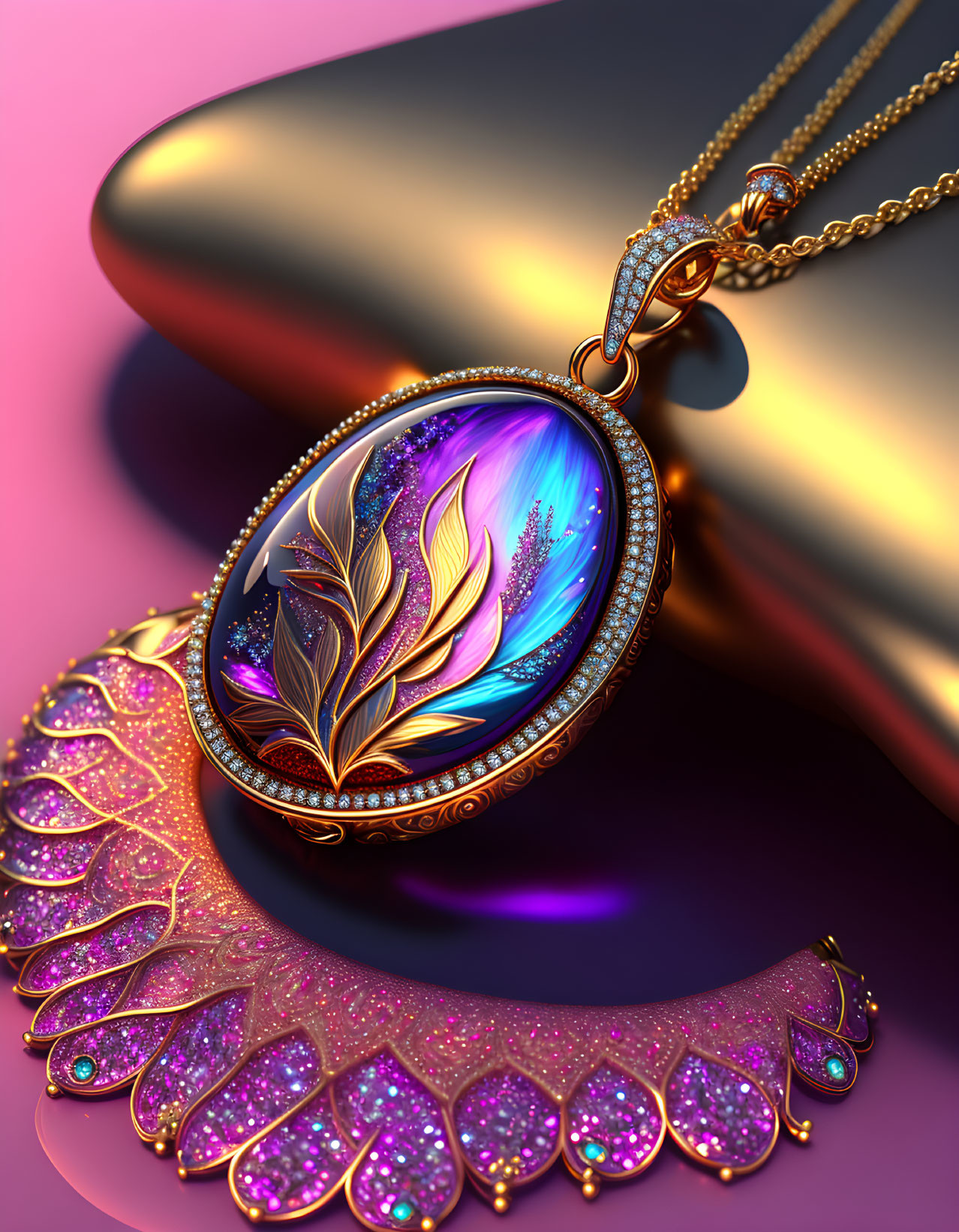 Colorful Leaf-Patterned Pendant Necklace on Gold Chain