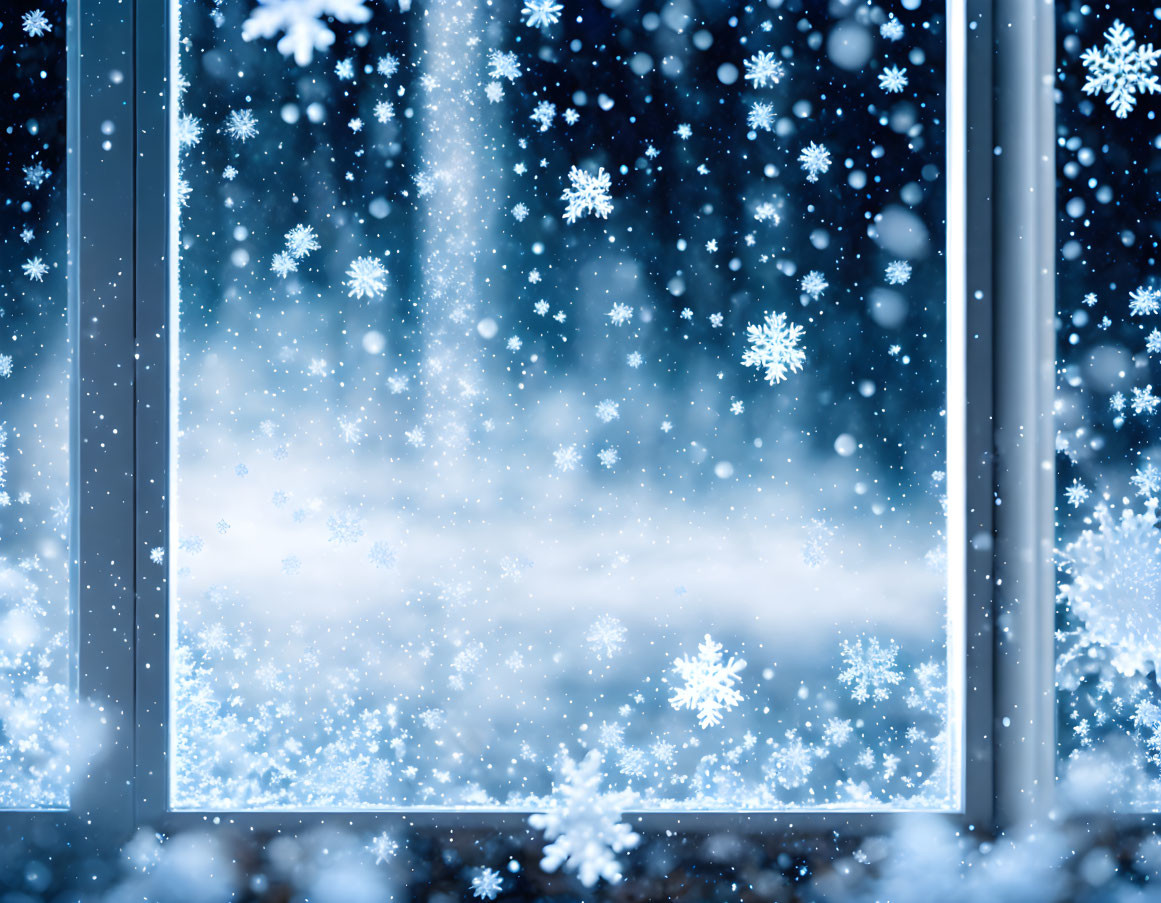 Winter landscape view through open window with falling snowflakes