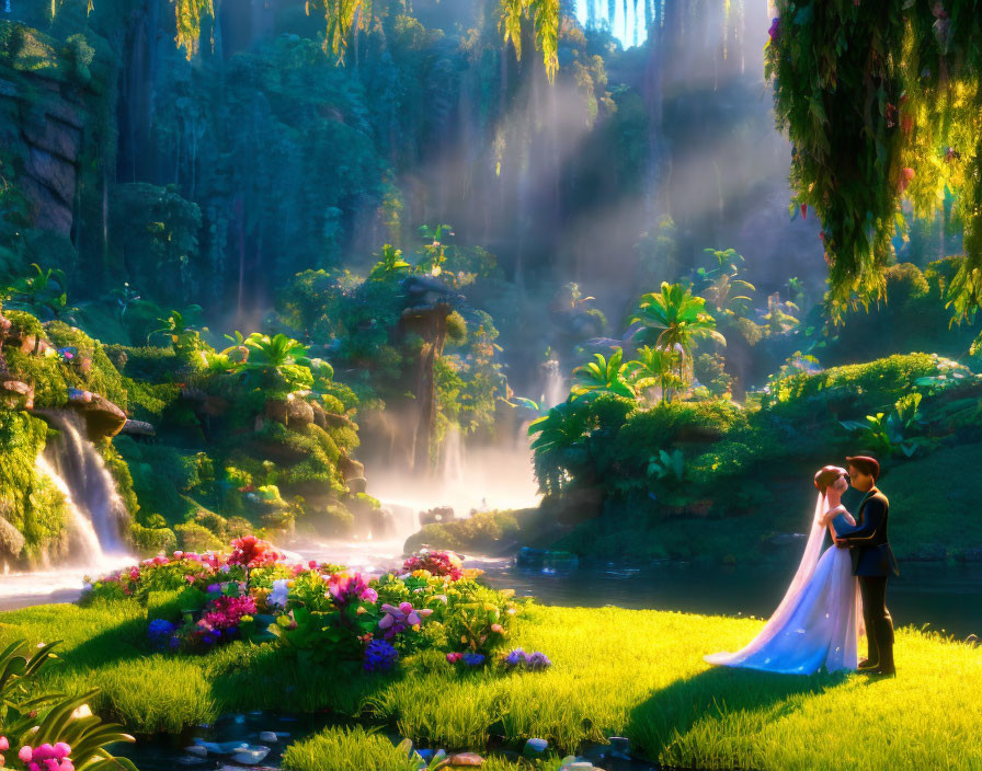 Romantic Couple in Vibrant Garden with Waterfalls and Sunlight