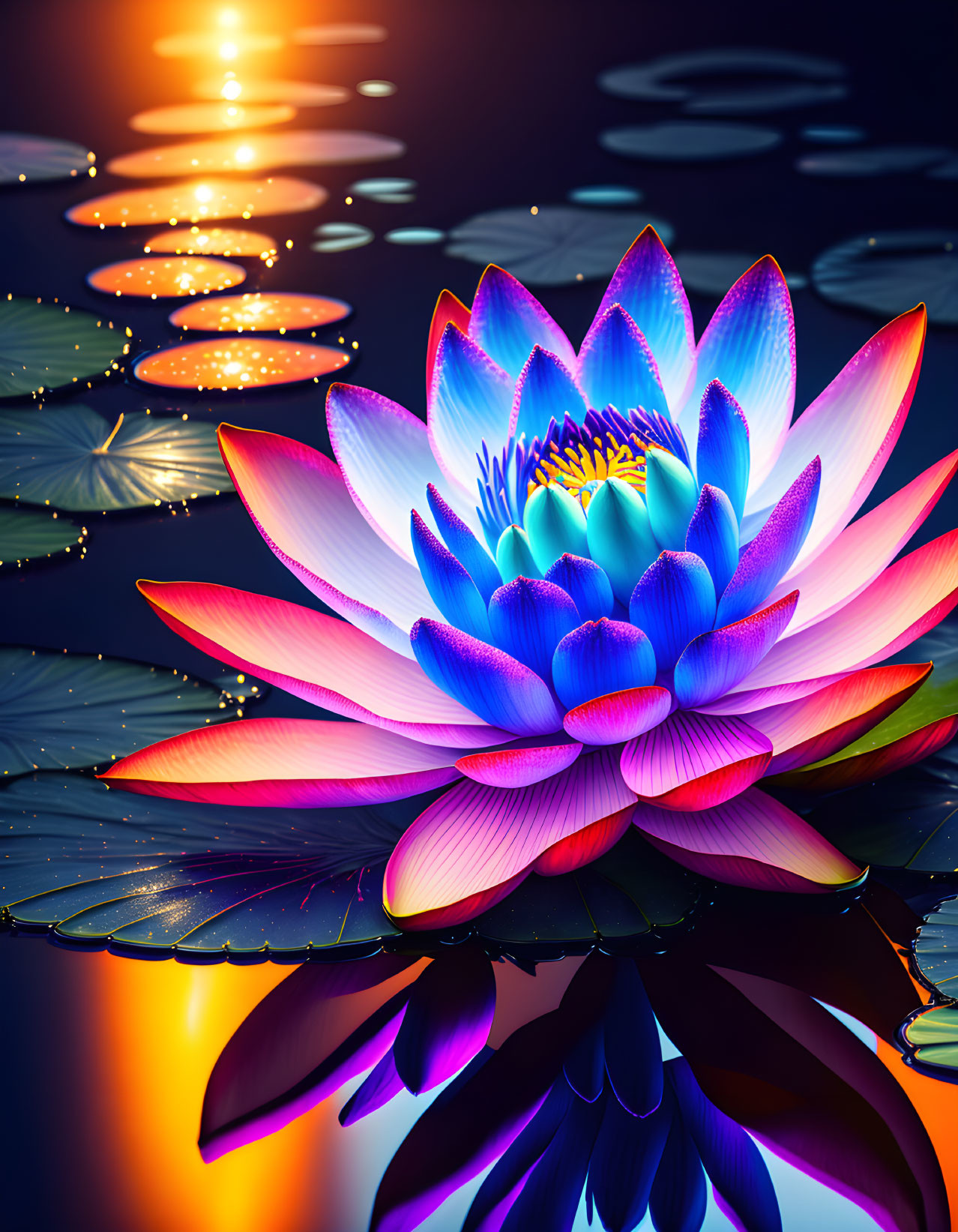 Colorful Lotus Flower Illustration Floating on Water with Lily Pads