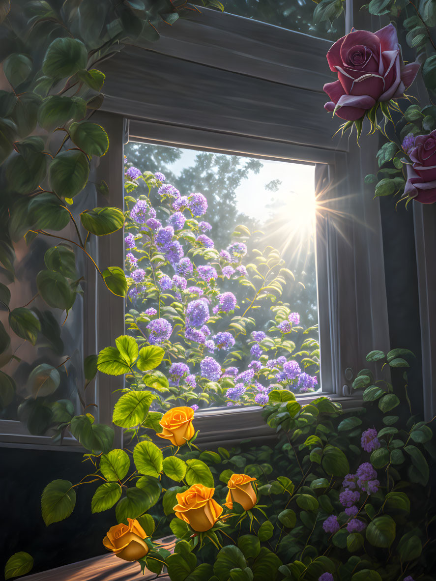 Natural light illuminates lush greenery and vibrant roses with blooming lilac bushes.