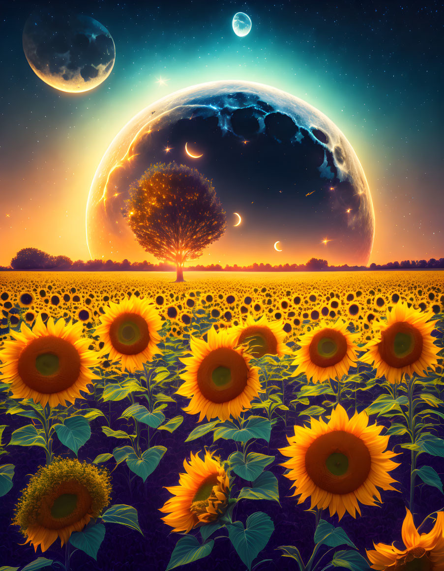 Colorful sunflower field with oversized moon, planets, lone tree, and sunset sky