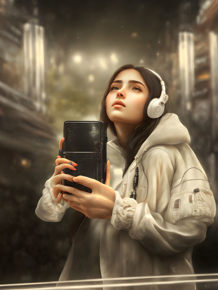 Woman with headphones holding smartphone in serene setting with glowing particles