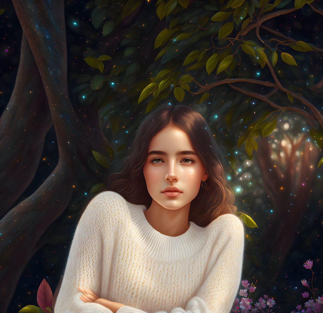 Young woman with brown hair in white sweater against night sky and tree backdrop.