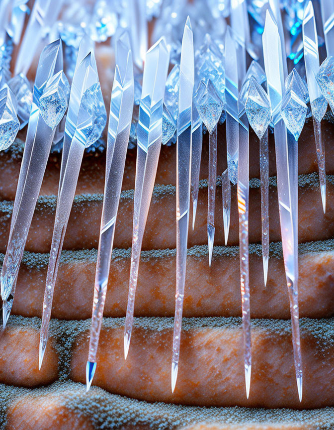 Icy stalactite-like crystal formations on textured brown surface