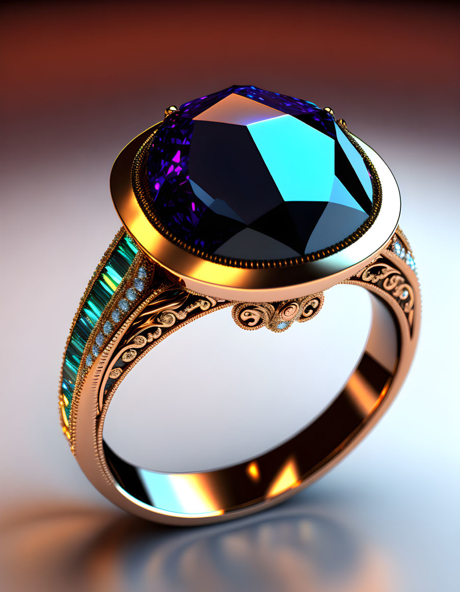 Blue Gemstone Ring on Ornate Gold Band with Turquoise Stones