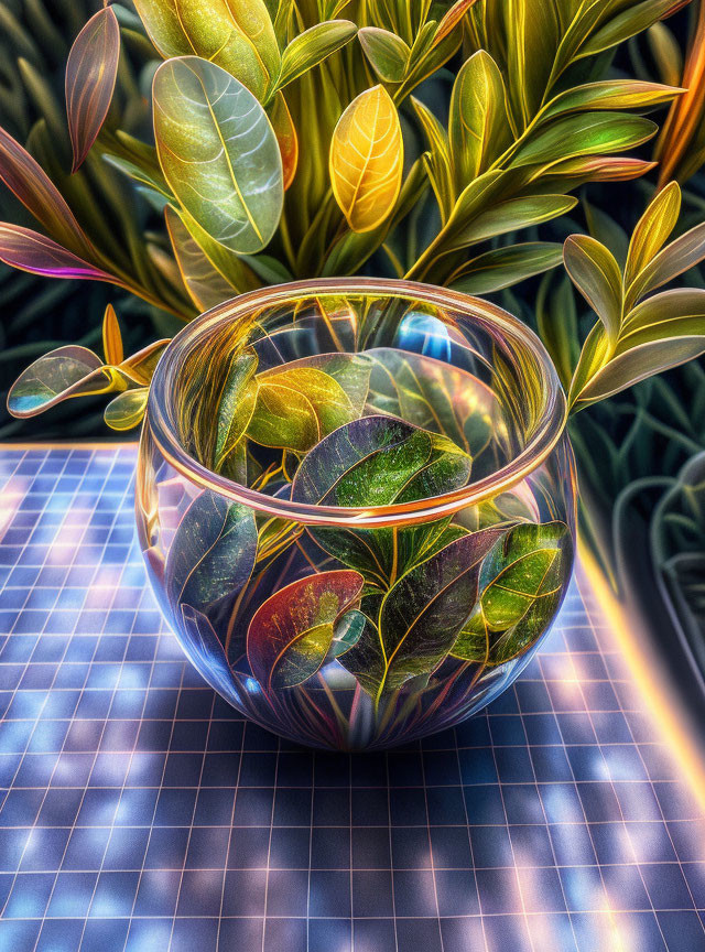 Glass bowl with water and green-yellow leaves on tiled surface among lush foliage