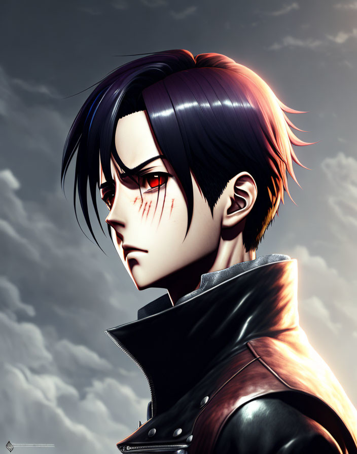 Anime-style character with dark hair, black uniform, and red scars in digital portrait