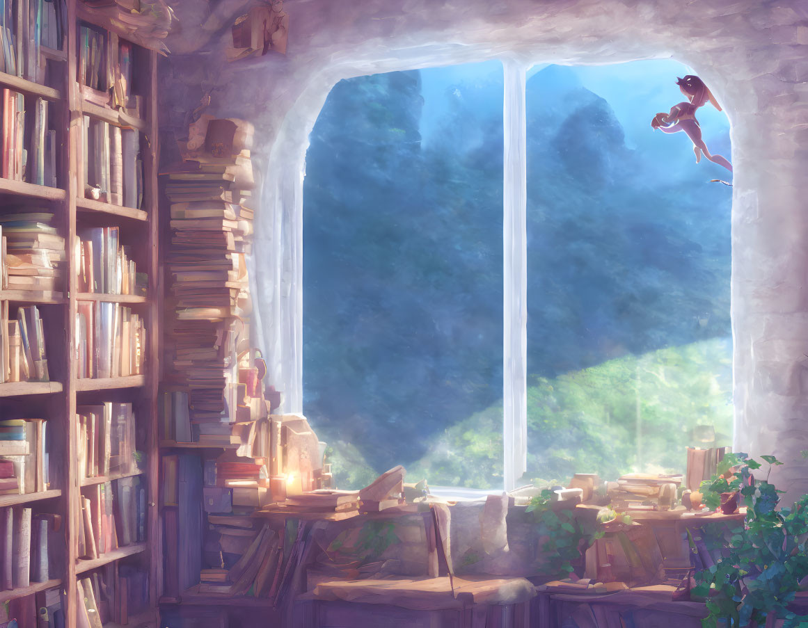 Inviting reading nook with tall bookshelves, arched window, floating person, and magical