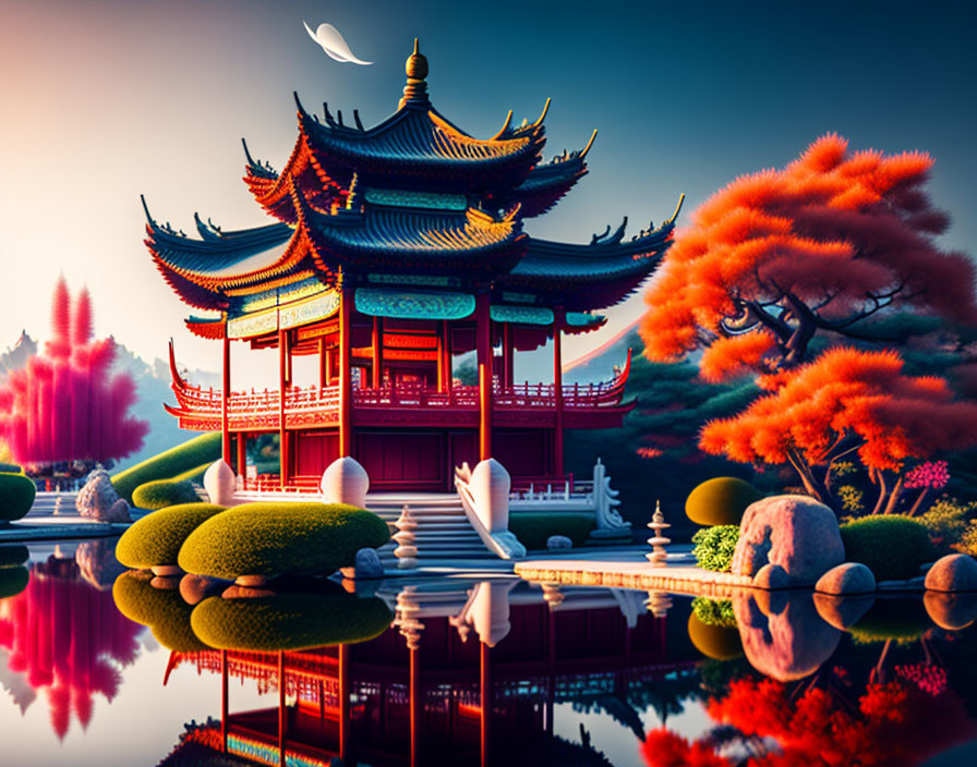 Traditional Asian Pavilion by Calm Lake with Red and Pink Flora at Sunset