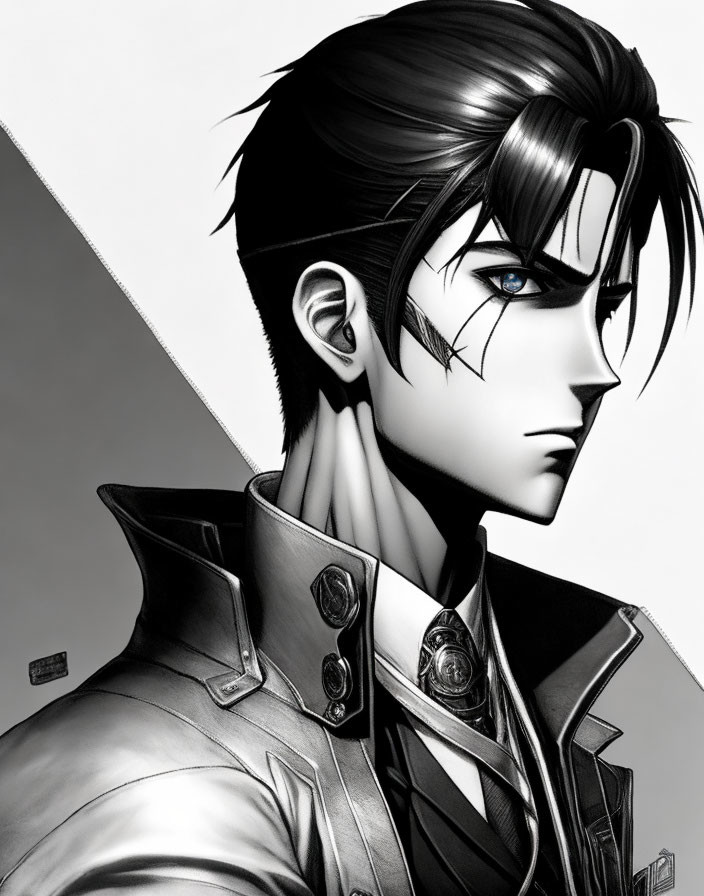 Monochrome illustration of a stylized male character in a high-collared jacket