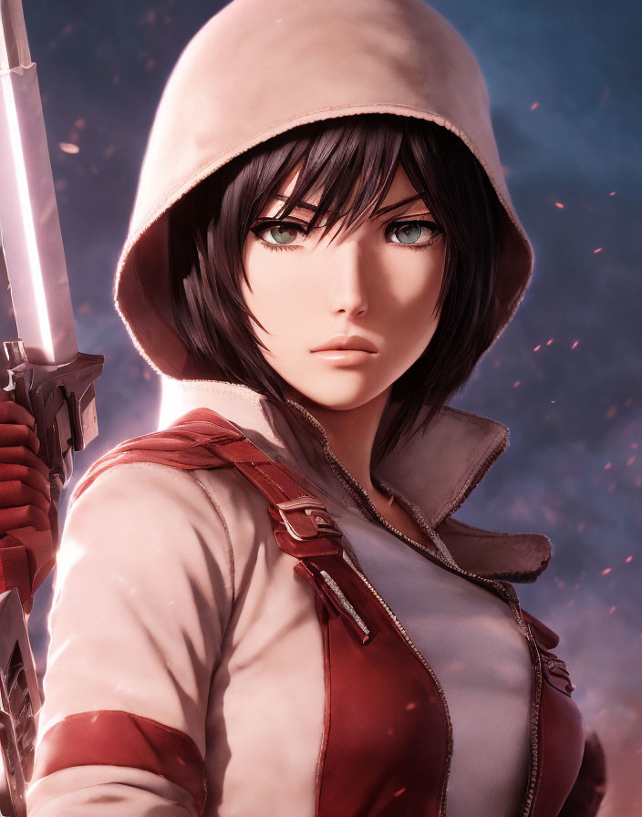 Person with Short Black Hair in White and Red Jacket: Digital Artwork