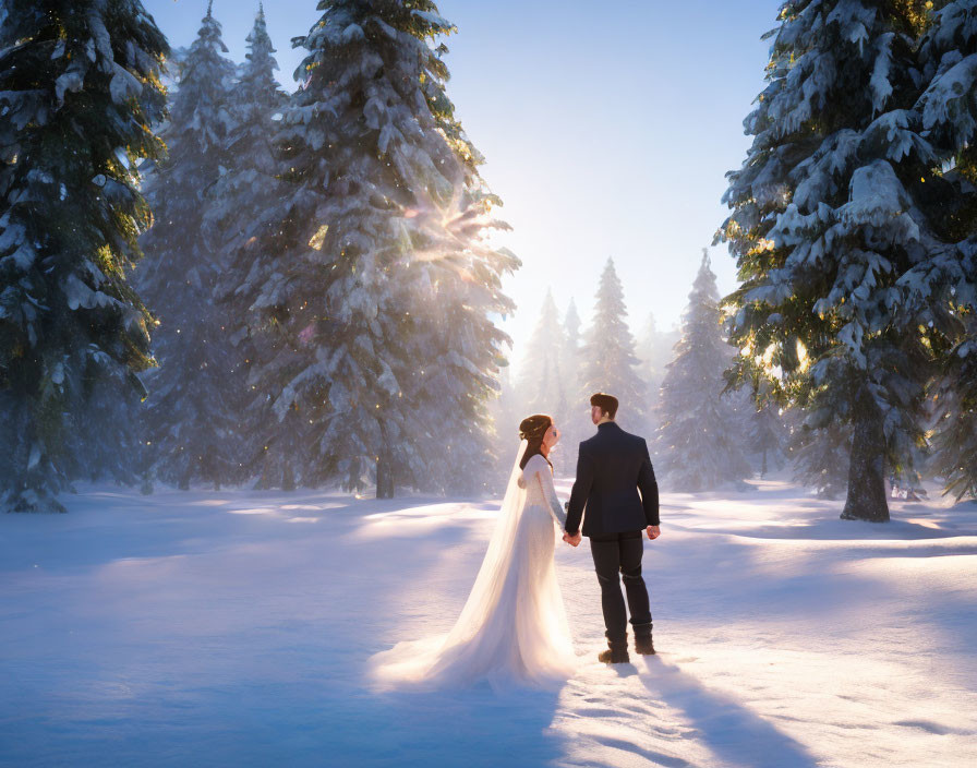 Wedding couple holding hands in snowy forest with sunlight filtering through trees