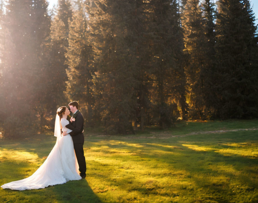 Bride and groom embrace in sunlit forest clearing