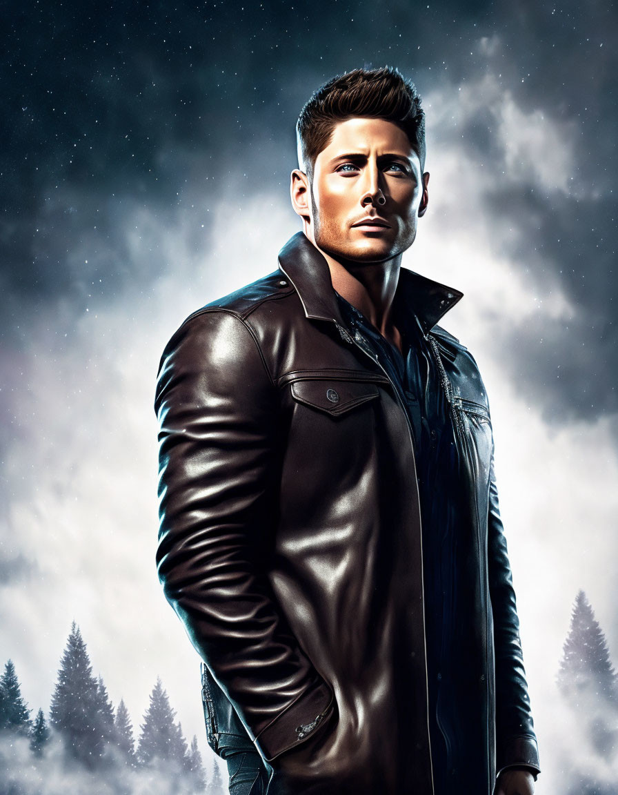 Stylized illustration of man in leather jacket under starry night sky