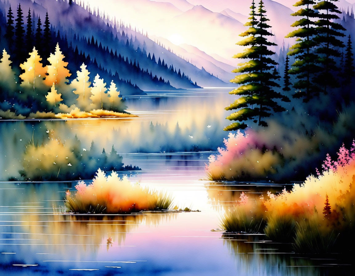 Serene Lake Painting with Autumn Trees and Mountains