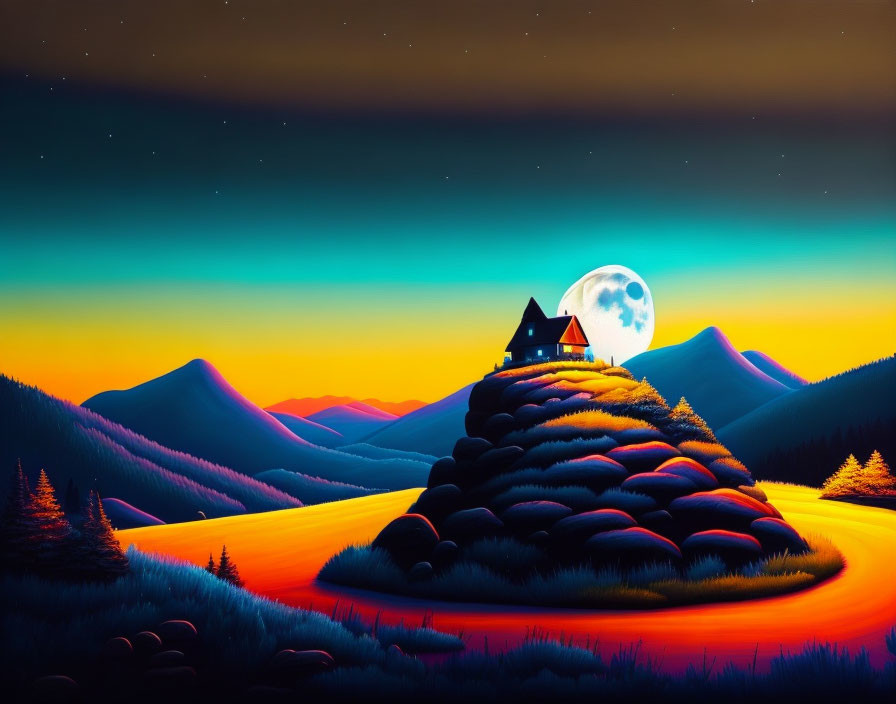 Nighttime landscape digital artwork with full moon, small house on hill, colorful hills, and pine trees