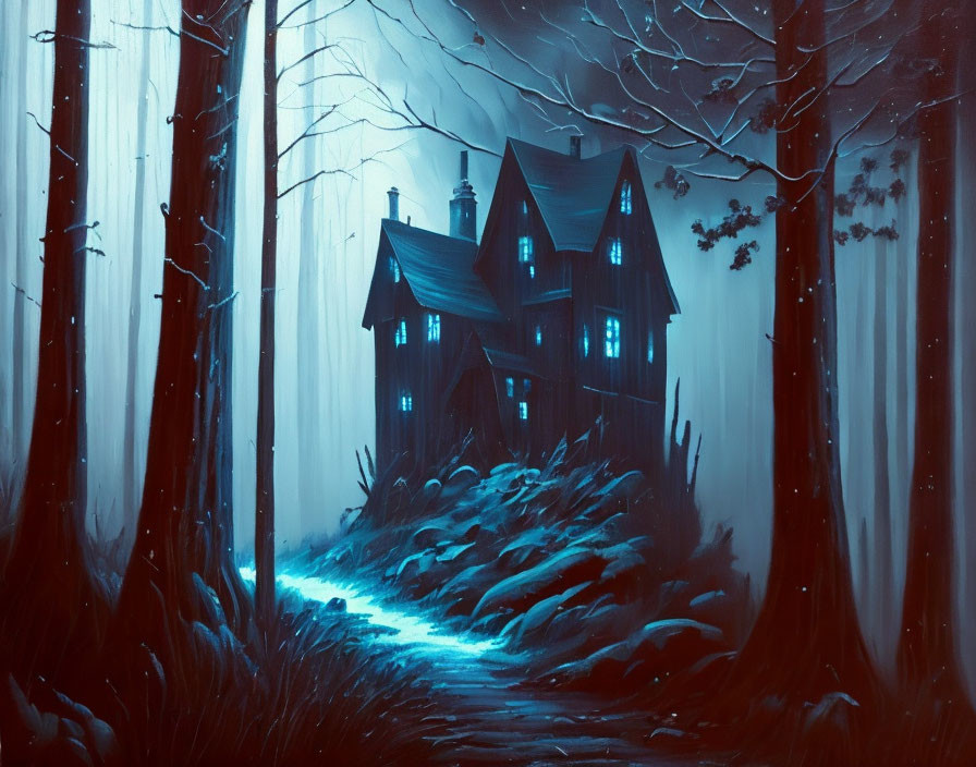 Eerie Victorian house in misty forest with glowing blue pathway