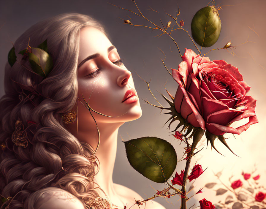 Woman with flowing hair and leaves touching blooming rose in serene setting