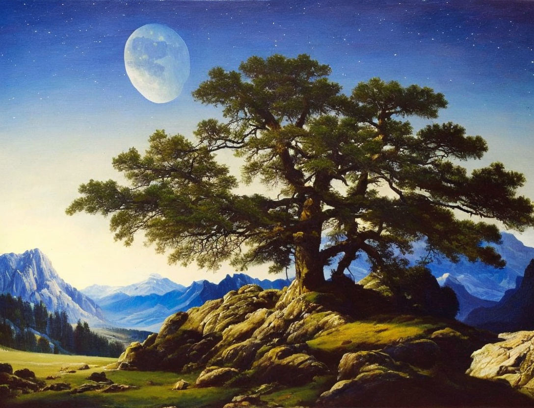 Majestic tree on grassy hill with mountains under starry sky