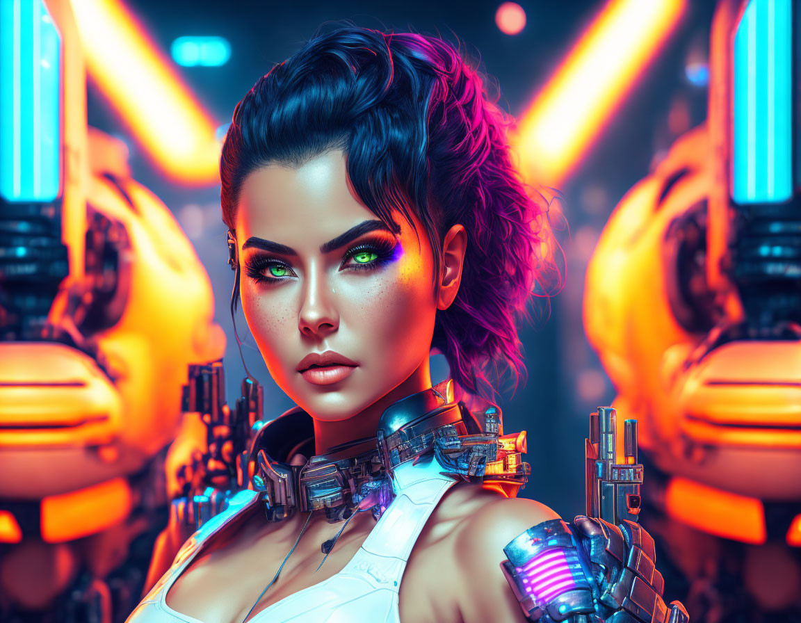 Cybernetic Woman with Purple Hair in Futuristic Setting