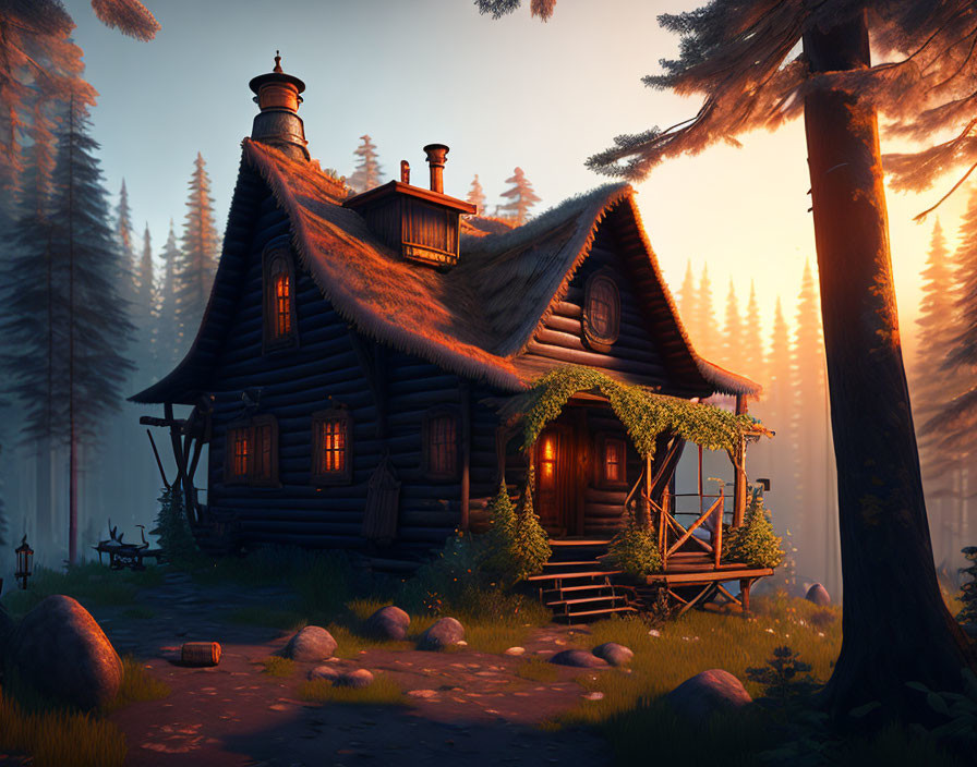 Rustic wooden cabin in pine forest at sunset with warm interior lights