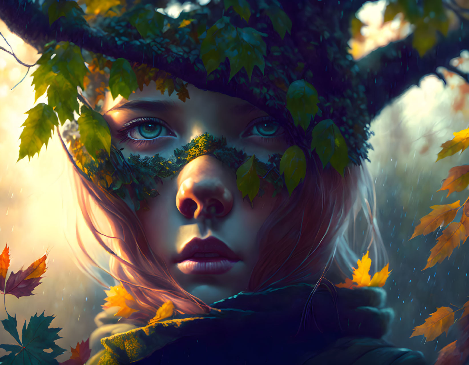 Close-Up Portrait of Person with Blue Eyes and Autumn Leaves Headdress