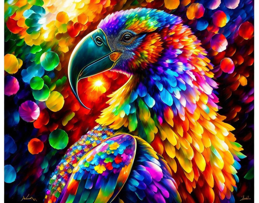 Colorful Parrot Painting with Bright Feathers and Multicolored Circles