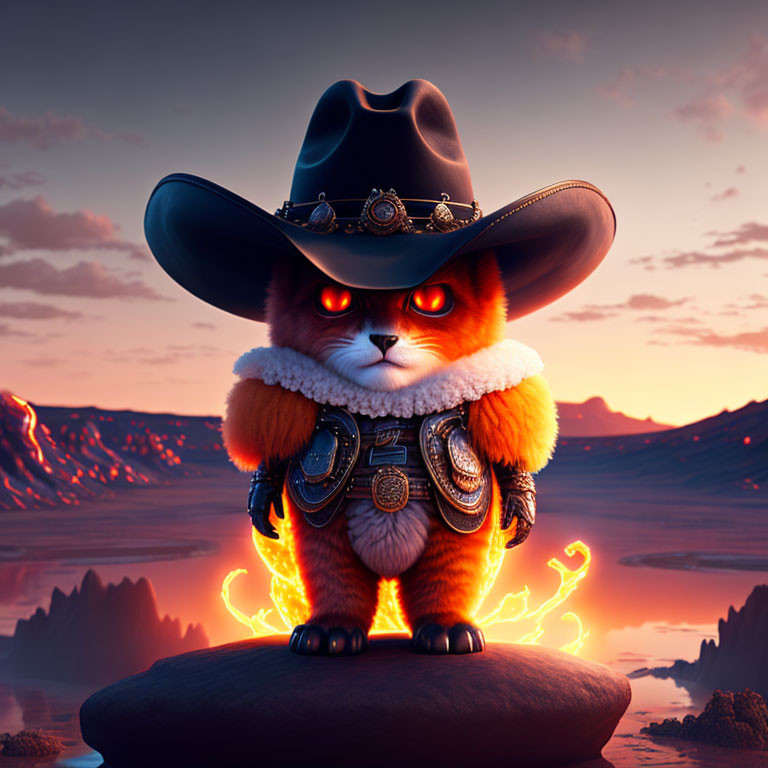 Stylized orange creature with cowboy hat in fiery volcanic landscape at sunset